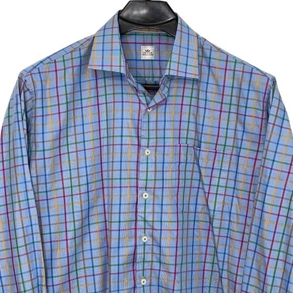 Peter Millar men's XL blue plaid‎ 100% cotton shirt. EUC